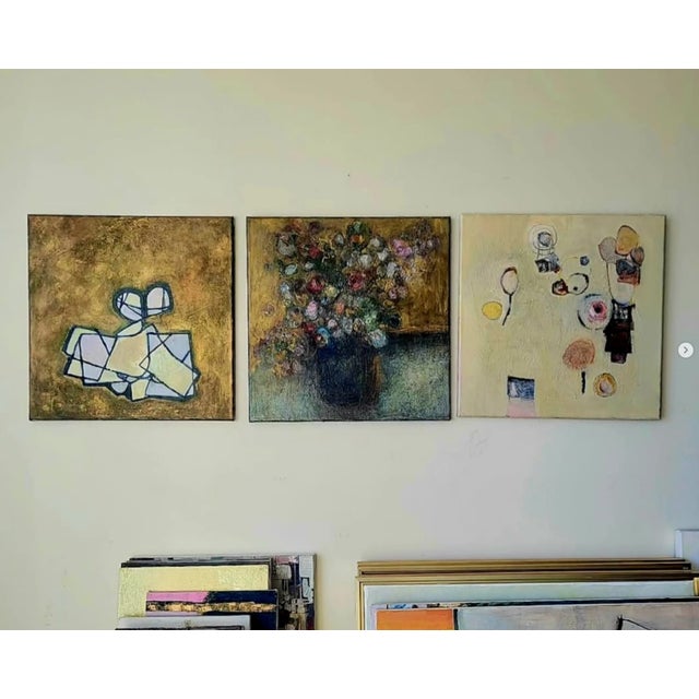 ""Tell Me is an abstract oil painting by contemporary artist Lynn Christian in 2023. It is a mostly golden toned,...