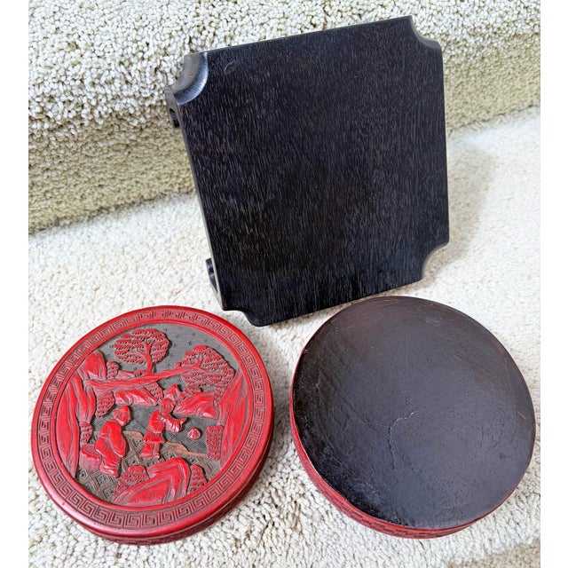 Antique Chinese Republic Era 1930’s Round Cinnabar Lacquer Box Landscape Scene For Sale - Image 4 of 7