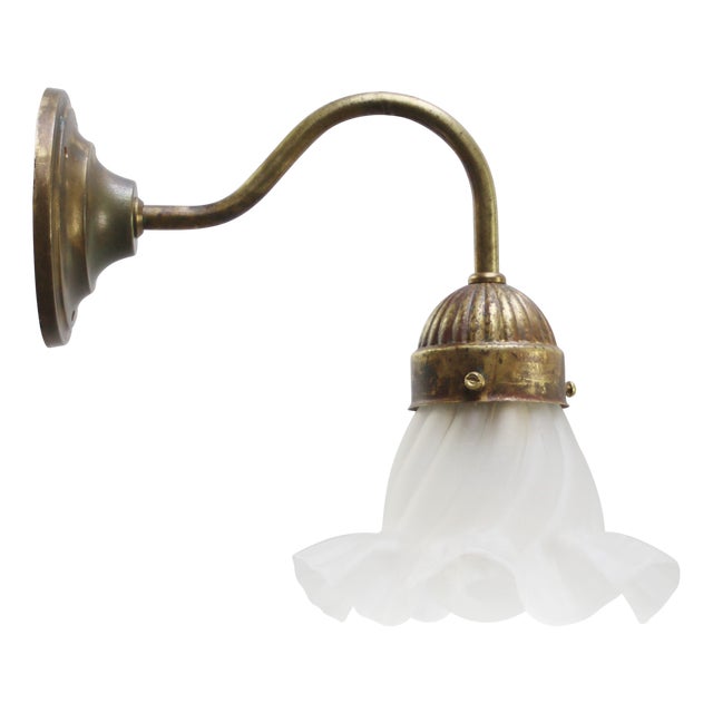 French Satin Glass and Brass Flower Wall Lamp For Sale