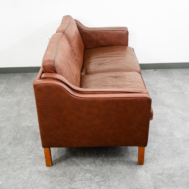 Mid Century Danish Modern Sofa Couch Brown Leather 2 Seat Settee Vintage Denmark For Sale In Sacramento - Image 6 of 11