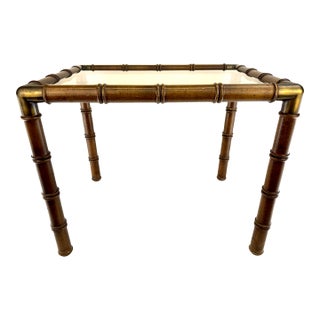 Vintage Faux Bamboo Brass & Wood Console Table With Glass Top For Sale