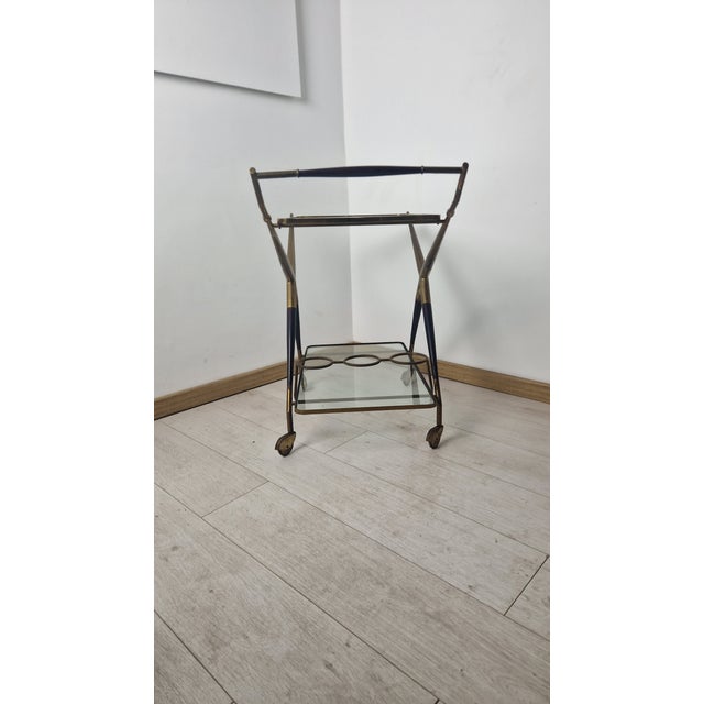 Metal Trolley in Wood, Brass and Glass Shelves attributed to Cesare Lacca for Cassina, 1950s For Sale - Image 7 of 16