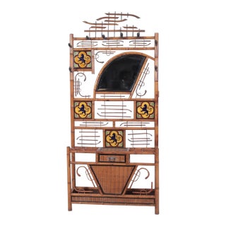 Late 19th Century Brighton Pavilion Arts and Crafts Chinoiserie Style Hall Tree Umbrella Stand With Minton Tiles and Two Faux Bamboo Chairs For Sale