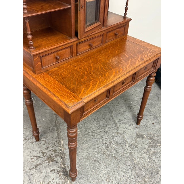 Traditional Quarter-Sawn Oak Secretary Desk + Gallery Top, Antique For Sale - Image 3 of 12