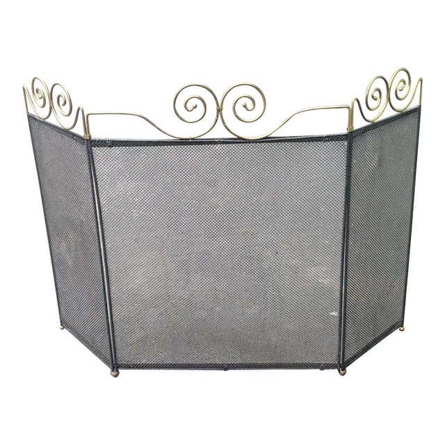 1960s Vintage Wire Mesh and Brass Ornate Fireplace Screen For Sale