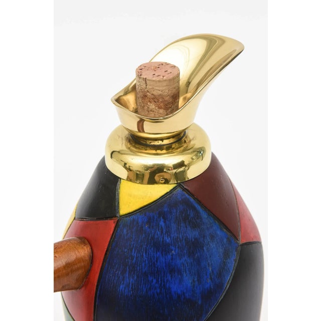 Wood Vintage Italian Aldo Tura Style Colorful Painted Wood and Brass Cork Decanter/ Jug Barware For Sale - Image 7 of 10