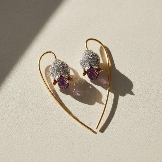 Silver, Gold Lily Flower Earrings With Amethyst Briolettes, Pair For Sale - Image 6 of 9