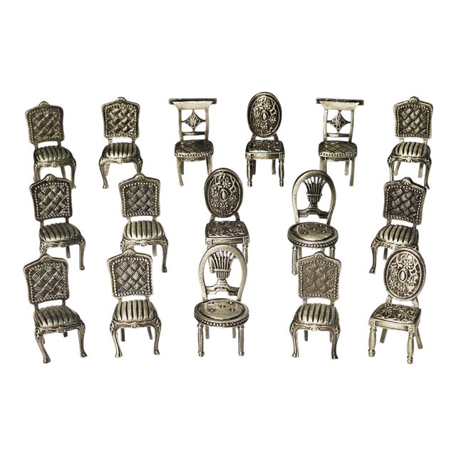 Vintage Set of 16 Figural Pewter Chair Place Card Holders For Sale