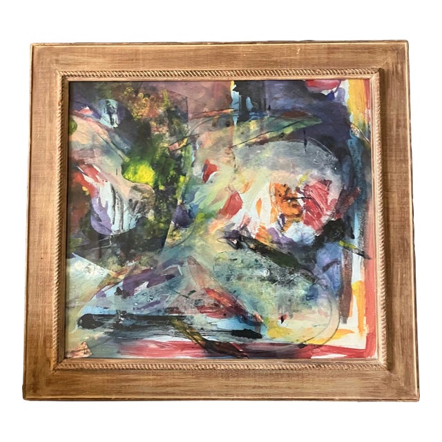 1970’s Original Abstract Painting Vintage Wood Frame For Sale