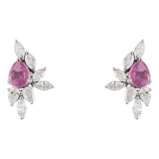 14k Gold Natural Pink Sapphire & Diamond Artistic Cluster Stud Earrings- A Pair For Sale