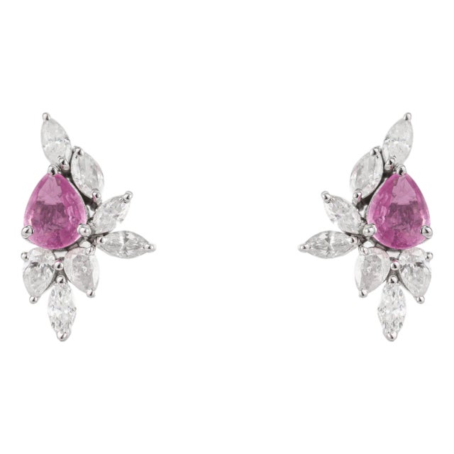 14k Gold Natural Pink Sapphire & Diamond Artistic Cluster Stud Earrings- A Pair For Sale