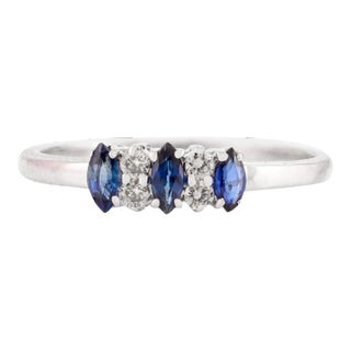 Three Stone Blue Sapphire and Diamond Ring Size 7 in 14k Solid Gold For Sale