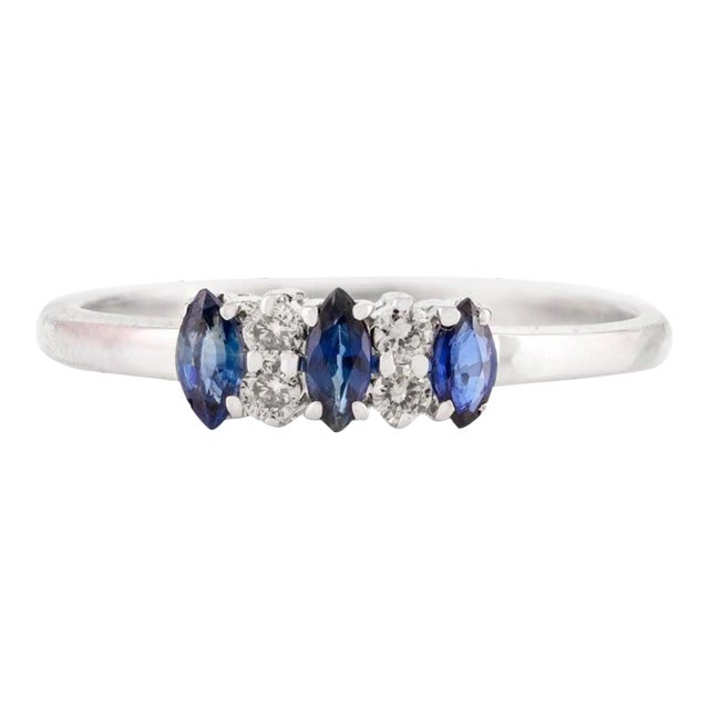 Three Stone Blue Sapphire and Diamond Ring Size 7 in 14k Solid Gold For Sale