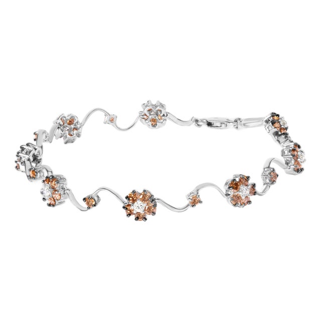 10K White Gold 4.0 Cttw Champagne and White Diamond Floral Cluster and Station Link Bracelet For Sale