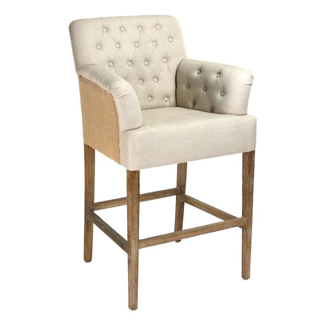 Barrois Tufted Bar Stool - Natural Linen & Burlap in Limed Grey Oak Frame For Sale