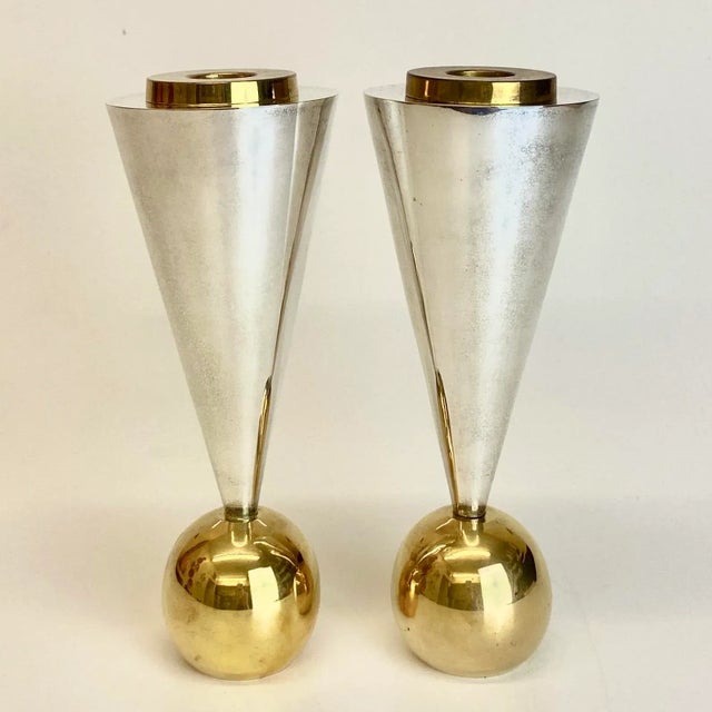 Geometric Postmodern Sterling Silver and Brass Plated Candle Holders - a Pair For Sale - Image 11 of 11