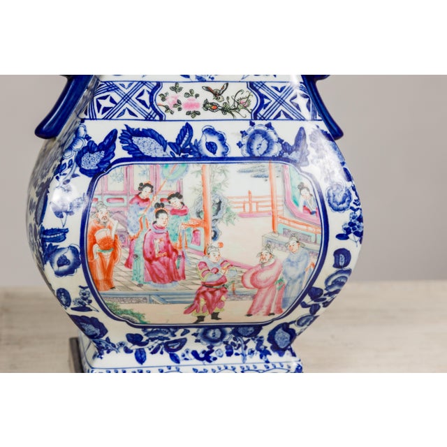 Blue and White Porcelain Table Lamp with Hand-Painted Court Scenes For Sale - Image 4 of 12