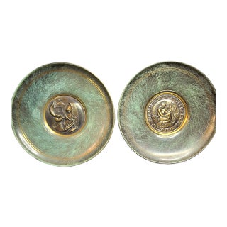 Pair Mid Century Pal Bell Israel Bronze Wall Plates Maurice Ascalon Judaica 9.5" For Sale