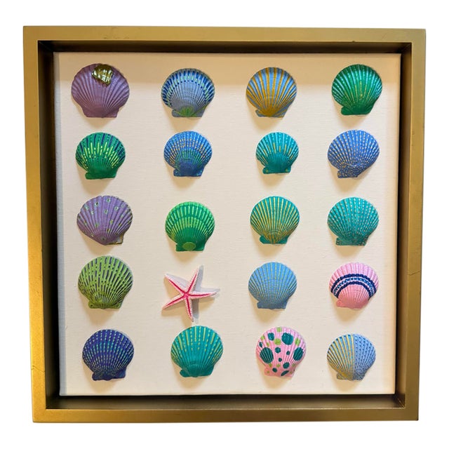 Hand-Painted Colorful Seashell & Starfish Art in Gold Floating Frame – 12” X 12” For Sale