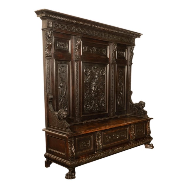 Antique 19th Century Italian Renaissance Revival Carved Hall Bench Storage Settle 1880 For Sale