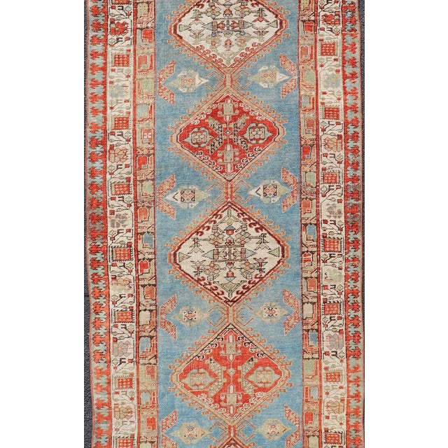 Antique Hand-Knotted Sarab Runner with Sub-Geometric Design in Red, Blue & Ivory. Antique Sarab Runner, rug...