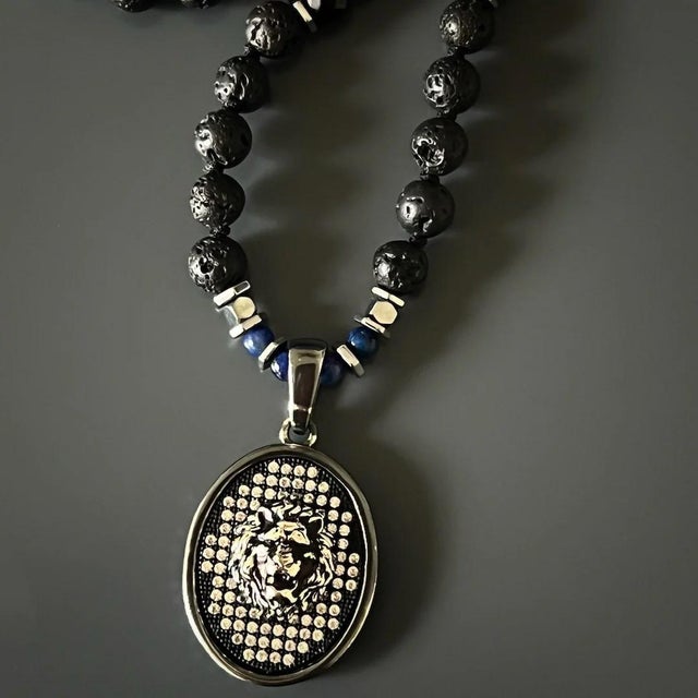 Powerful Silver Black Lion Men Beaded Necklace For Sale - Image 4 of 14