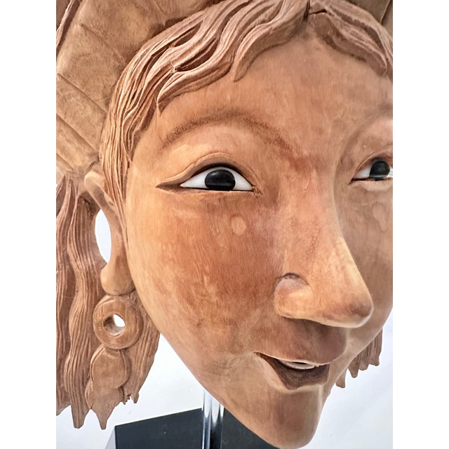 2000 - 2009 Carved Wood Figural Head With Headdress on Stand For Sale - Image 5 of 10
