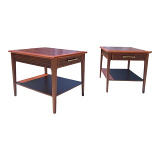 Vintage Mid Century Modern Pair 1960s Attributed to Lane Walnut Pair Side End Tables Restored Set of 2 Restored Brass For Sale