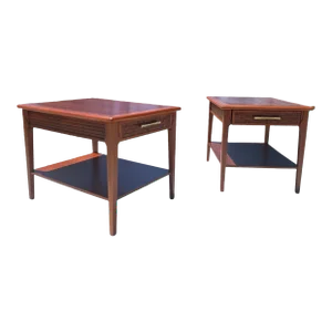 Vintage Mid Century Modern Pair 1960s Attributed to Lane Walnut Pair Side End Tables Restored Set of 2 Restored Brass