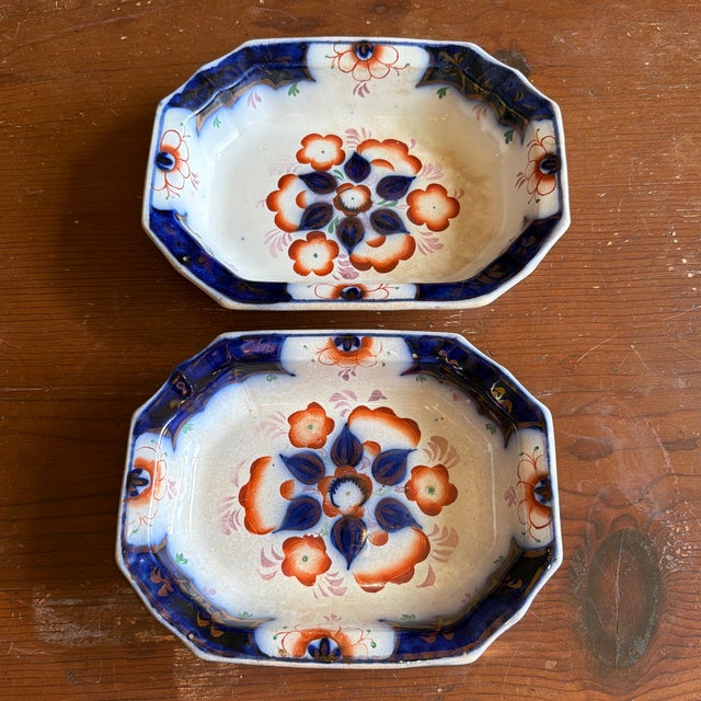 Antique Gaudy Welsh Crescent Pinwheel Flow Blue Set of 2 Vegetable Dishes, Circa 1840s For Sale - Image 10 of 12