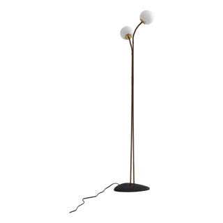 Brass Floor Lamp with Adjustable Arms and Opaline Glass Globes, 1950s For Sale