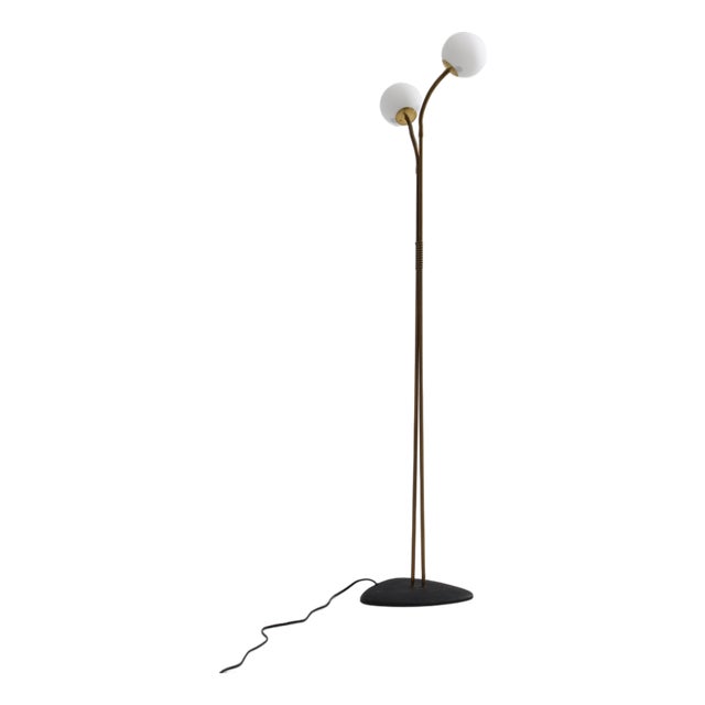 Brass Floor Lamp with Adjustable Arms and Opaline Glass Globes, 1950s For Sale
