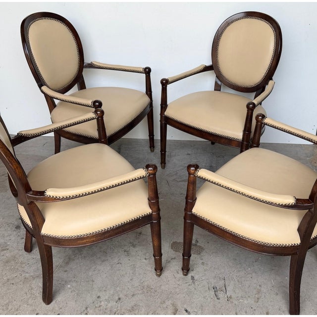 Set of 4 Baker Milling Road Neoclassical Mahogany & Parchment Leather Armchairs For Sale - Image 14 of 17