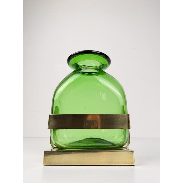 Mid-Century Modern Empoli Green Glass Vase with Brass Pedestal, Italy, 1970s For Sale - Image 14 of 18