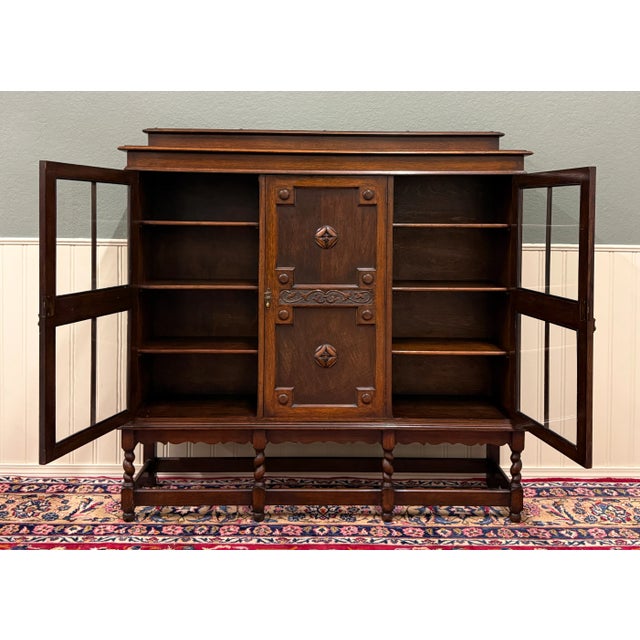 1920s Antique English Jacobean Bookcase Bookshelf Cabinet Barley Twist Wavy Glass Oak For Sale - Image 5 of 18