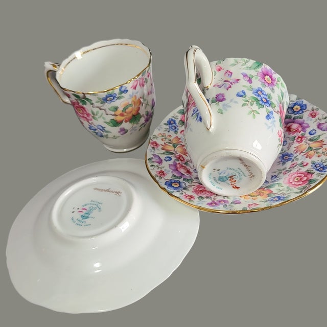 Royal Stafford Vintage Crown Staffordshire Fine Bone China Floral Springtime Coffee Cups & Saucers Set- 4 Pieces For Sale - Image 4 of 6