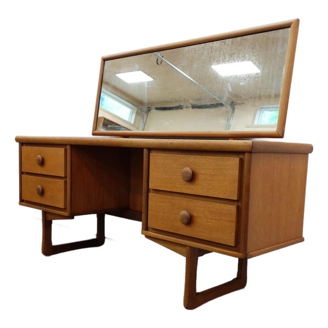 Vintage Mid Century Modern Teak Vanity Desk For Sale