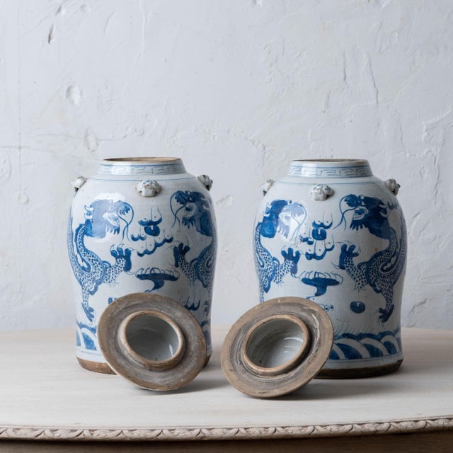 Ceramic Pair of Chinese Blue and White Glazed Dragon Jars With Foo Dog Lid Finials For Sale - Image 7 of 8
