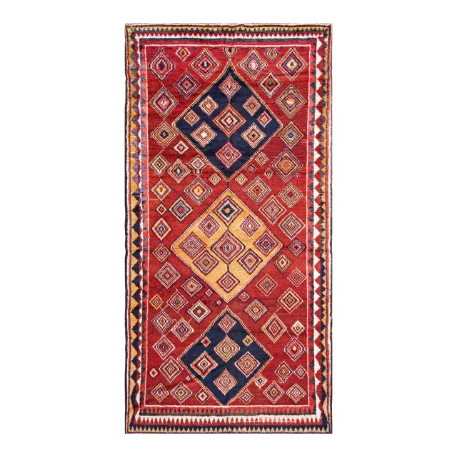1930s Red Diamond Rustic Antique Persian Gabbeh Rug 4'10" X 9'6" Handknotted Wool Carpet For Sale