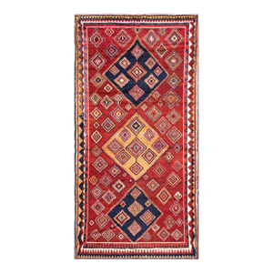 1930s Red Diamond Rustic Antique Persian Gabbeh Rug 4'10" X 9'6" Handknotted Wool Carpet