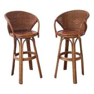 Swivel Rattan Bar Stools, France, 1970s, Set of 2 For Sale