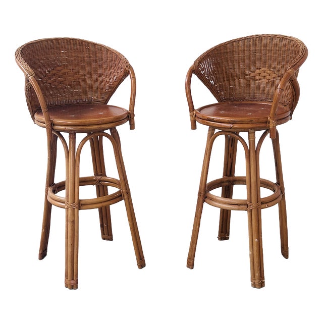 Swivel Rattan Bar Stools, France, 1970s, Set of 2 For Sale