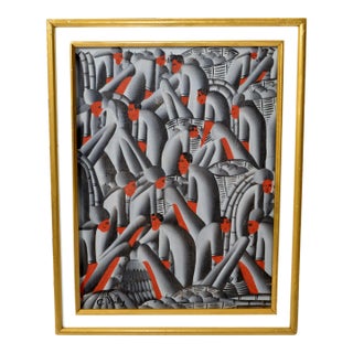 Signed C. Willy Gold Frame Abstract People Harvesting Apples Pop Art on Canvas For Sale