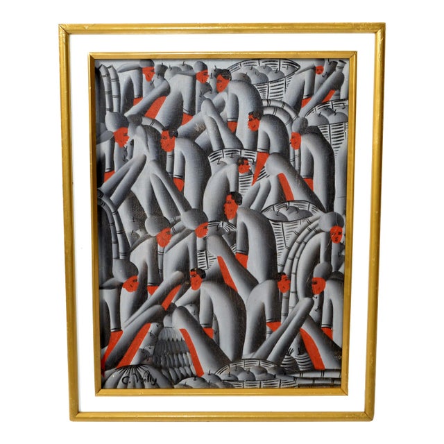 Signed C. Willy Gold Frame Abstract People Harvesting Apples Pop Art on Canvas For Sale