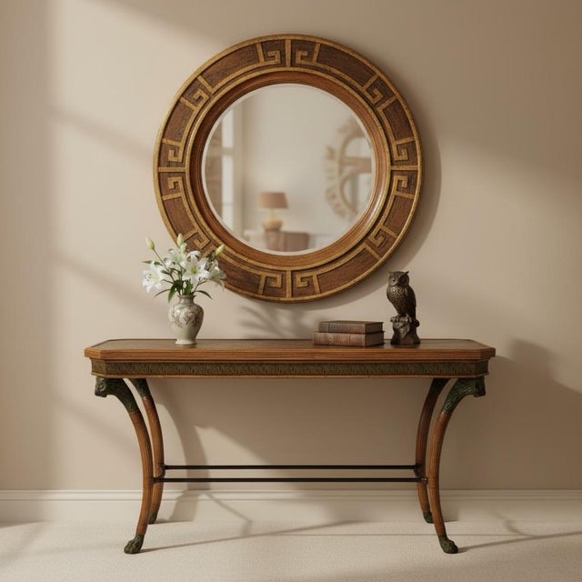 This is a Maitland-Smith console table with neo-classical styling. Its frame is wrapped in rattan with bronze...