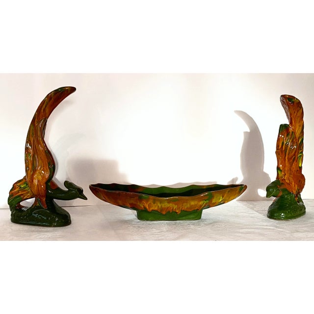 Rare Mid-Century California Original Pottery/Ceramics Oblong Scalloped Edged Low Bowl & Two Fire Phoenix Pheasant Birds 3 Pieces Excellent Condition. For Sale - Image 10 of 12
