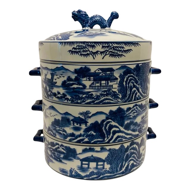 Late 20th Century Bombay Blue Willow Porcelain Lunch Box Chinese Dragon 4 Piece Stacking Dish For Sale