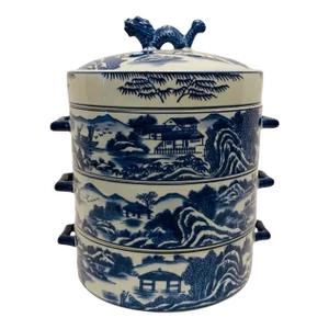 Late 20th Century Bombay Blue Willow Porcelain Lunch Box Chinese Dragon 4 Piece Stacking Dish