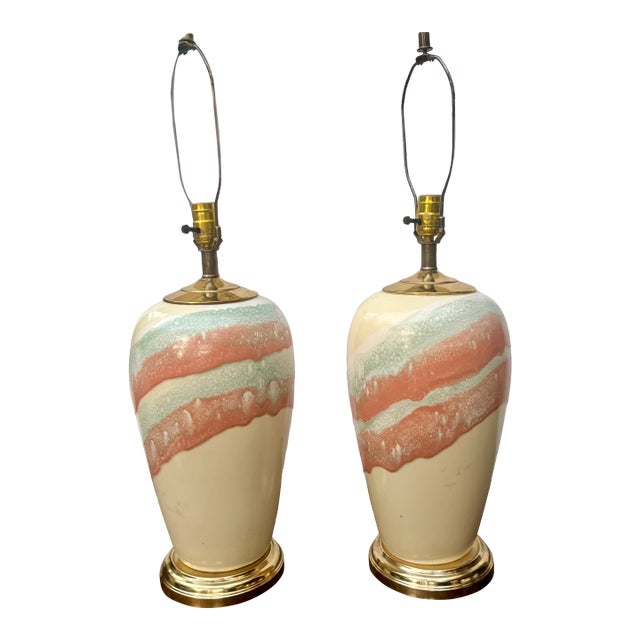 1980s Postmodern Ceramic Pastel Drip Glaze Table Lamps - A Pair For Sale