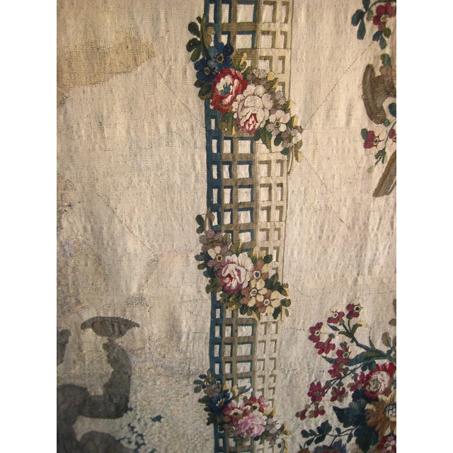 French Aubusson Verdure View of a Trellis Decor, Flowers and Putti Statue 1700 Hundreds For Sale - Image 9 of 17